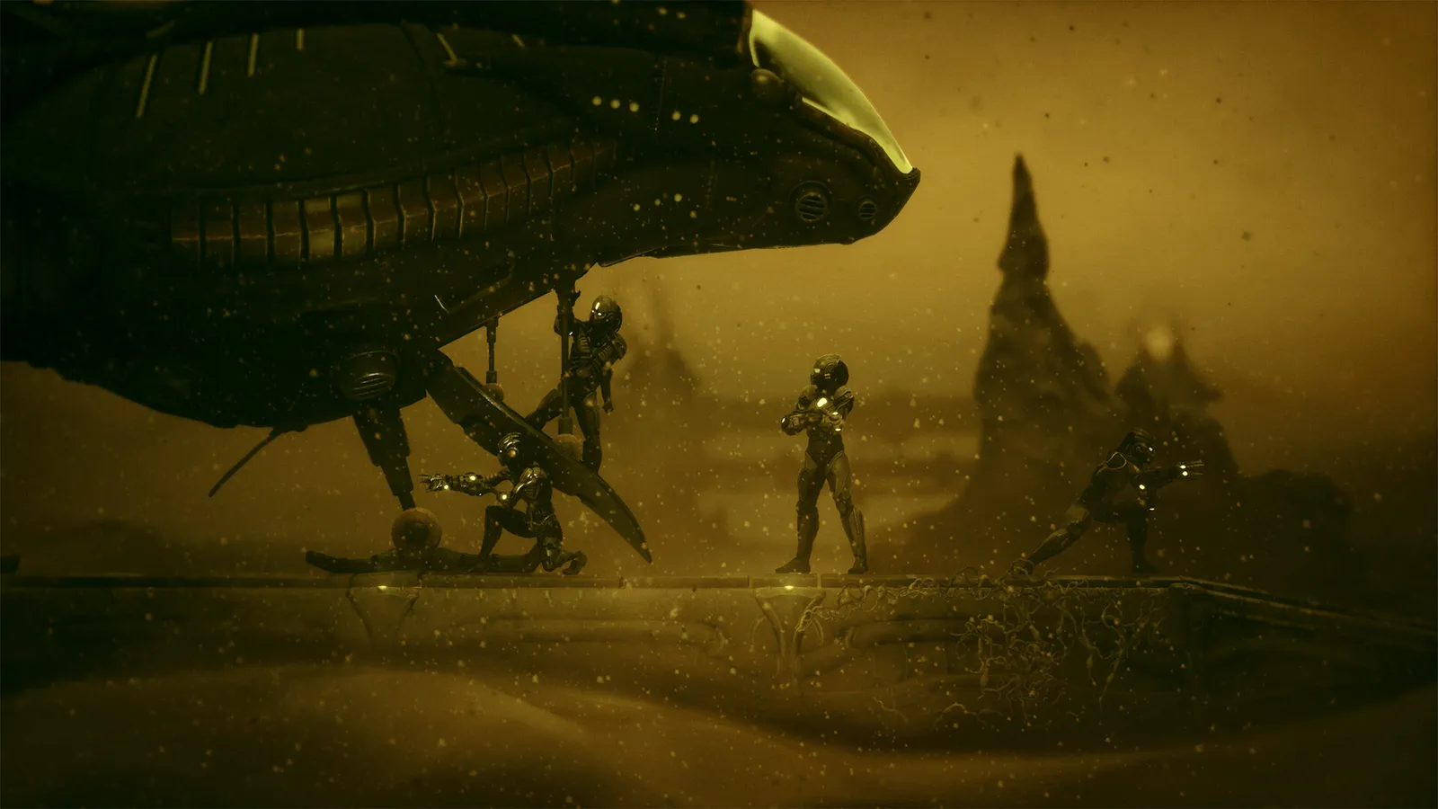 Four Neera soldiers disembark from a landing ship onto a dusty bridge on Protea VI under amber haze
