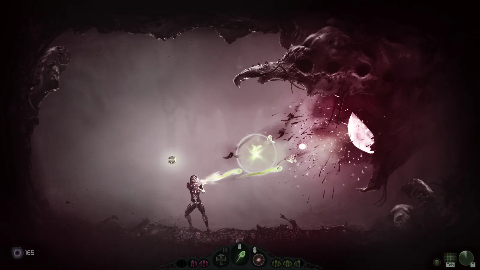 Moadra official screenshot showing the player aiming at a large creature in a dark cavern combat scene