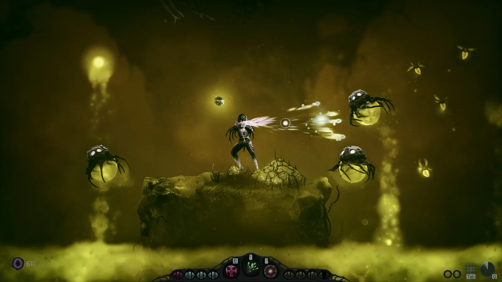 Moadra official screenshot showing green blaster projectiles fired at flying enemies in a yellow-hazed cavern