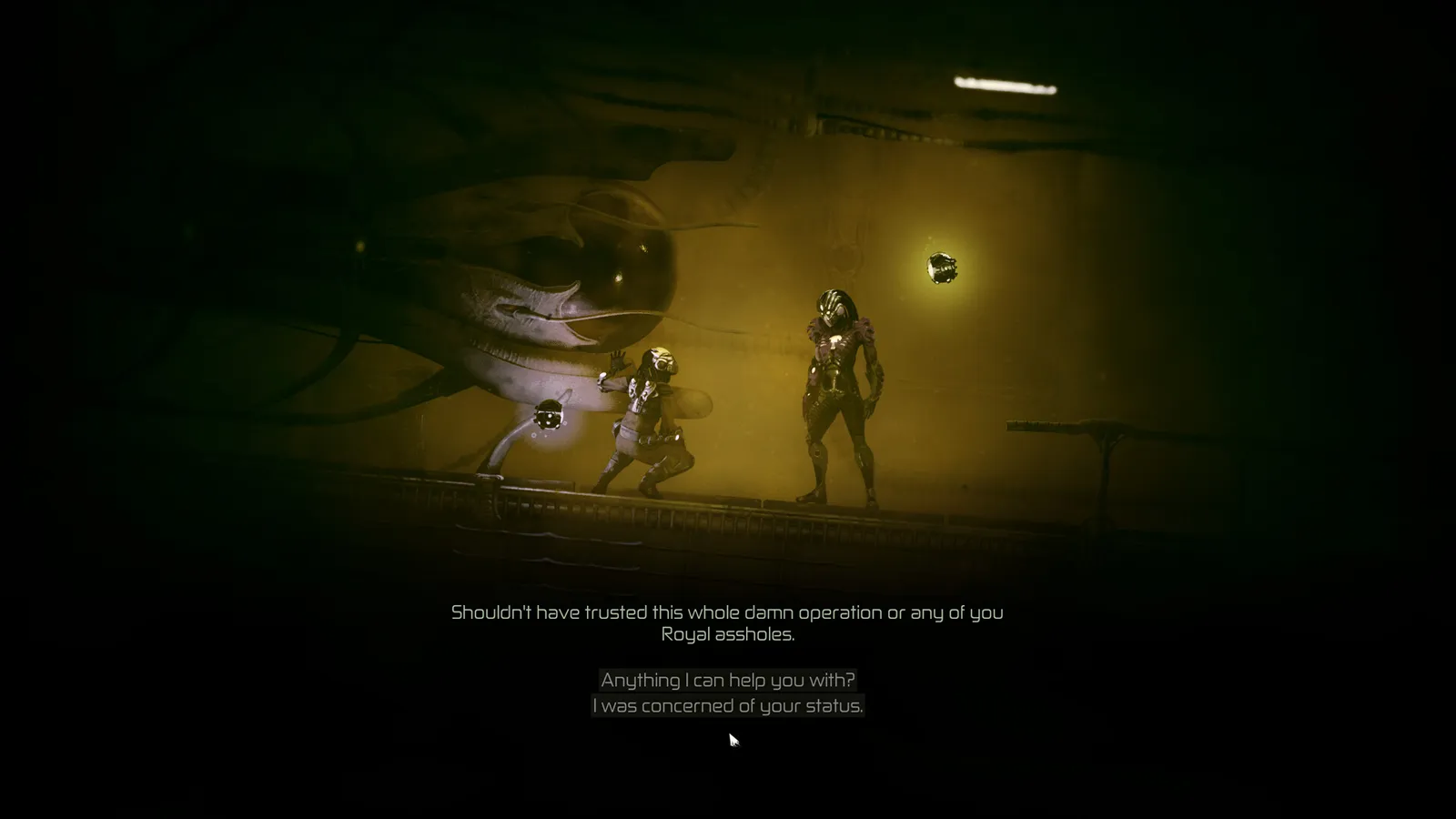 Dialogue scene between two armored figures on a metal walkway in a yellow-lit facility, with two reply choices at the bottom and small floating orbs nearby