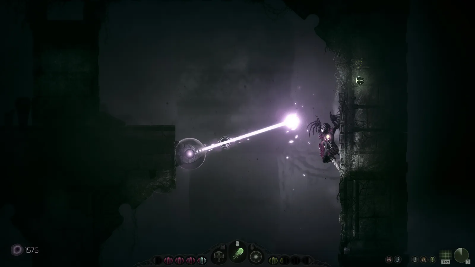 A purple energy beam links a spherical turret on the left and Moadra clinging to a ruined wall on the right, with a free-aim reticle between them