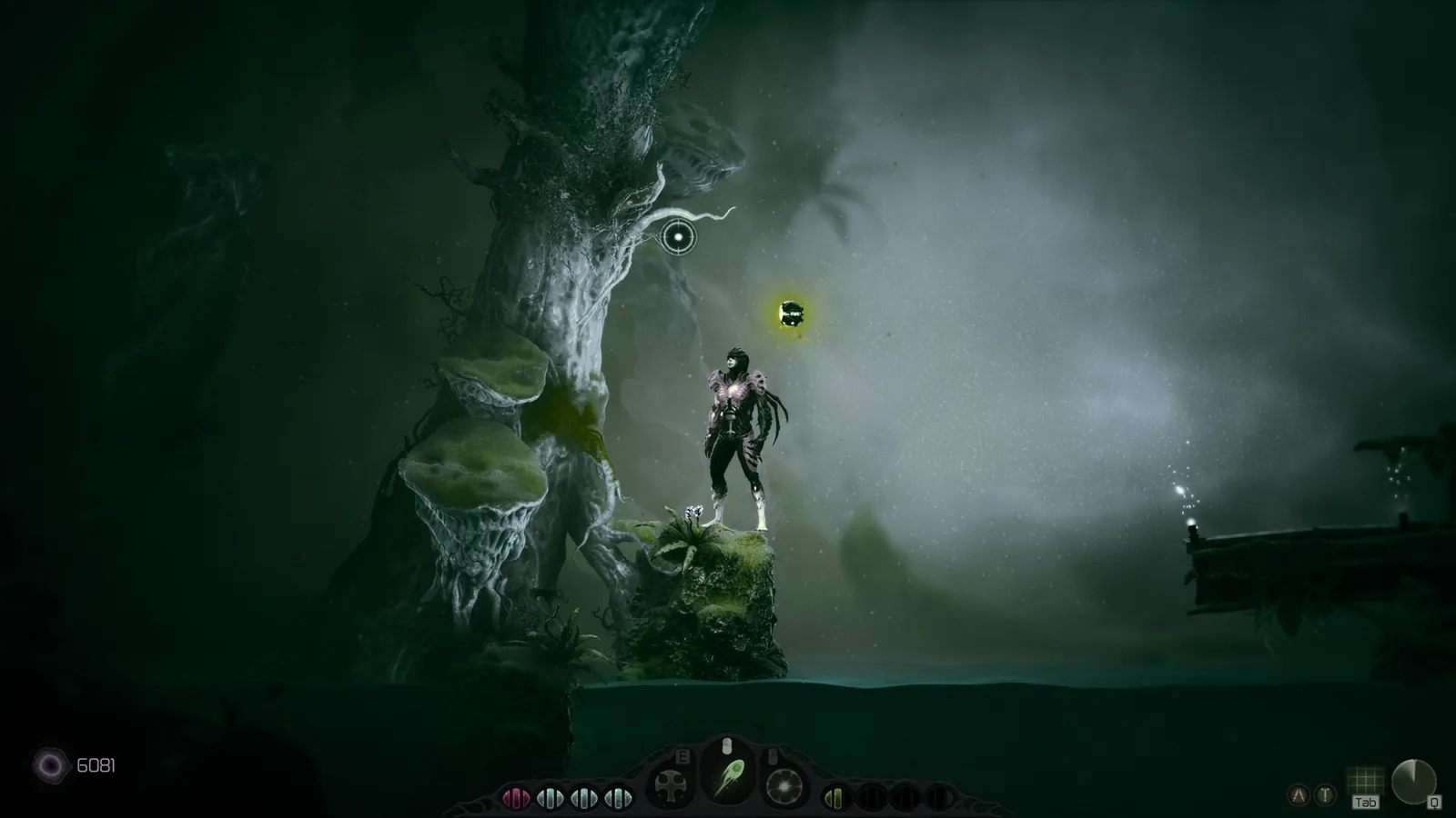 Moadra official screenshot showing the scanner bot drone above the player with multiple ability icons in the bottom HUD