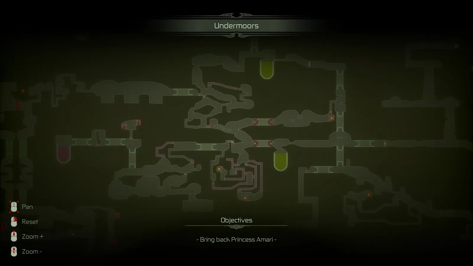 Moadra map of the Undermoors region with objectives listing Bring back Princess Amari and mouse pan/zoom hints