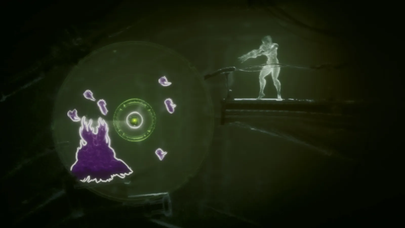 Moadra scanner X-ray circle highlighting hidden purple organic objects on a dark platforming room