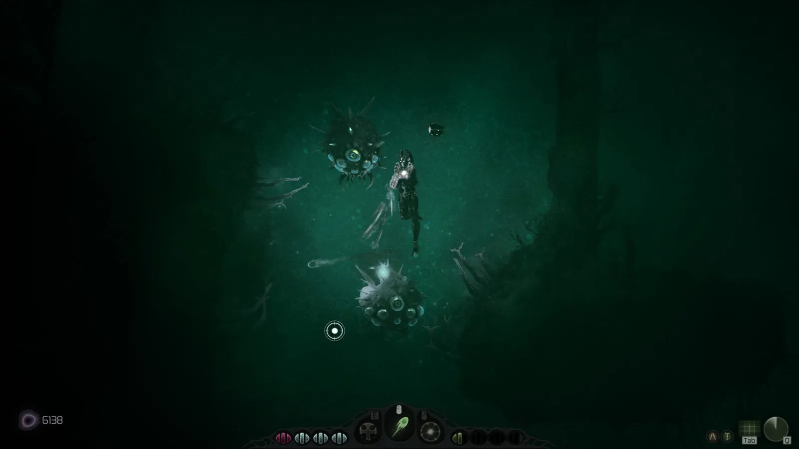 Moadra official screenshot showing underwater combat against spiked enemies with the scanner bot and ability HUD visible