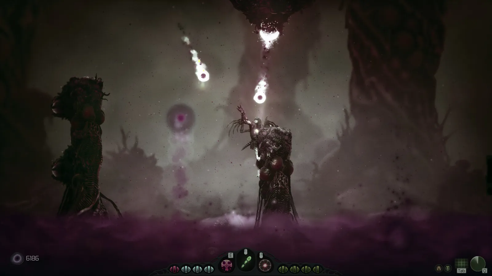 Moadra official screenshot showing an organic purple arena with descending light orbs and the upgrade ability bar