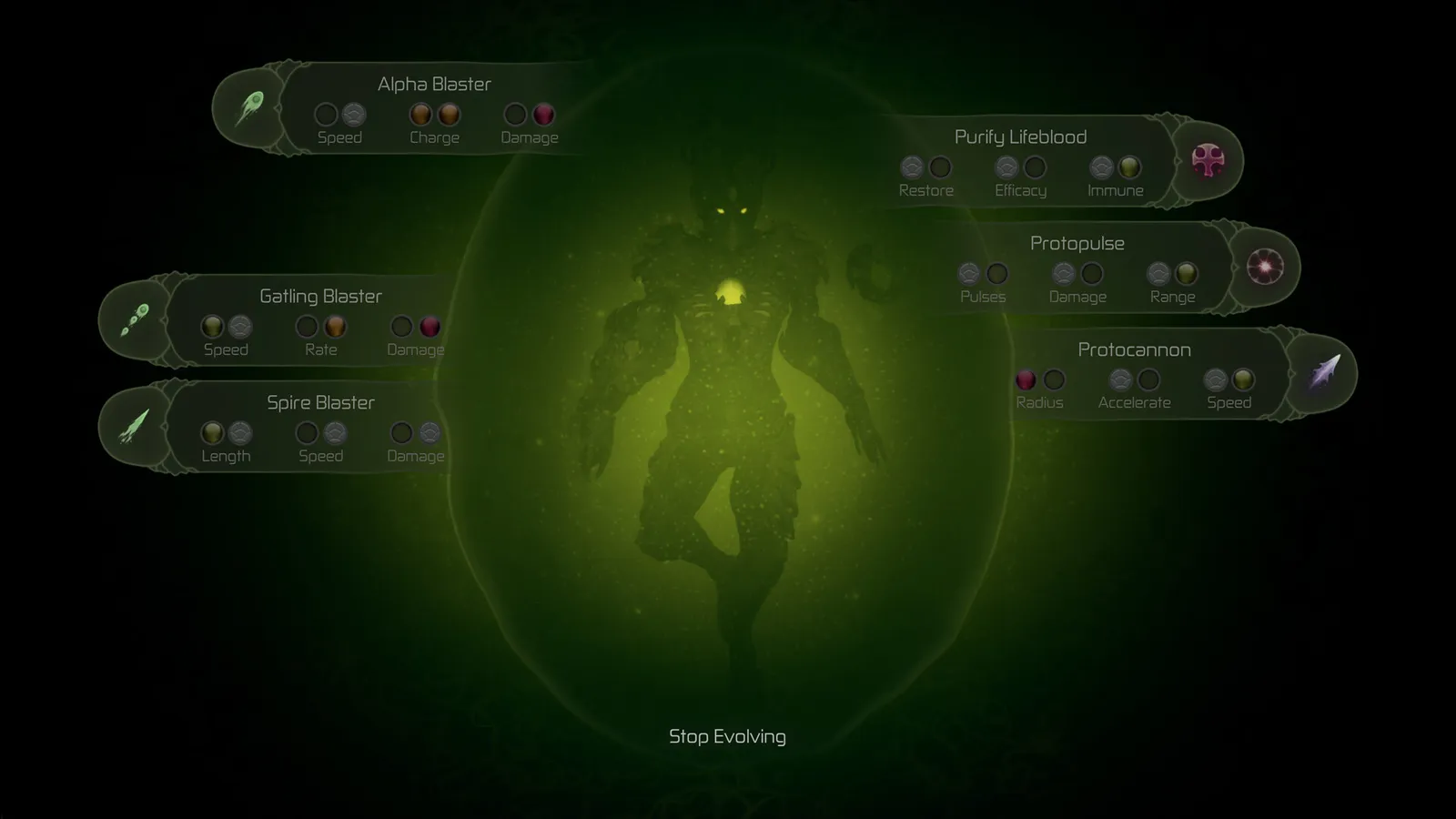 Moadra evolution menu with Alpha, Gatling and Spire Blaster tracks plus Purify Lifeblood, Protopulse and Protocannon around a green silhouette